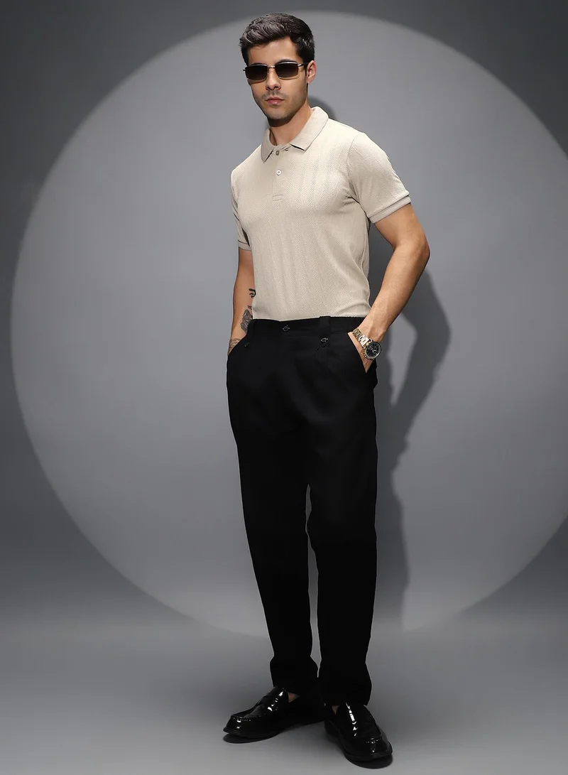 Campus Sutra Men's Ecru Beige Spirit Weave Polo T-Shirt For Casual Wear | Polo Neck | Short Cuffed Sleeves | Half-Button Closure | T-Shirt Shirt Crafted With Comfort Fit For Everyday Wear