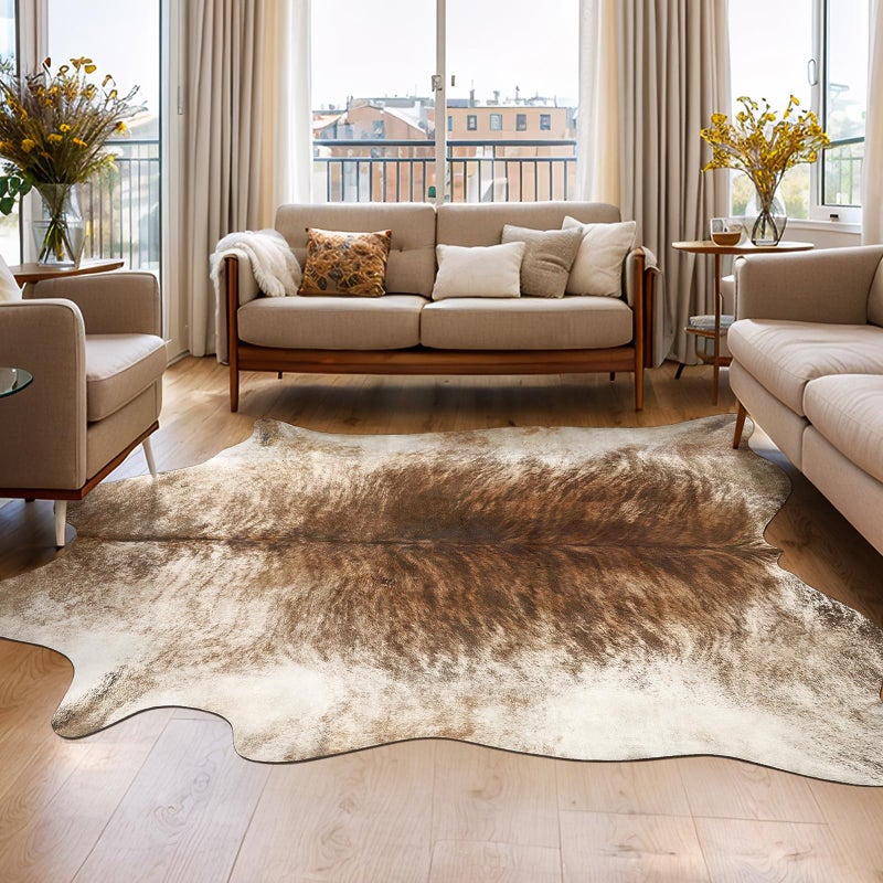 AROGAN Western Decor Faux Fur Cowhide Rug, 4.6 x 5.2 Feet Premium Animal Skin Cow Hide Rug, Sturdy Cow Print Rugs for Wall Decor, Western Floor Carpet for Bedroom Living Room, Brownish - Image 1