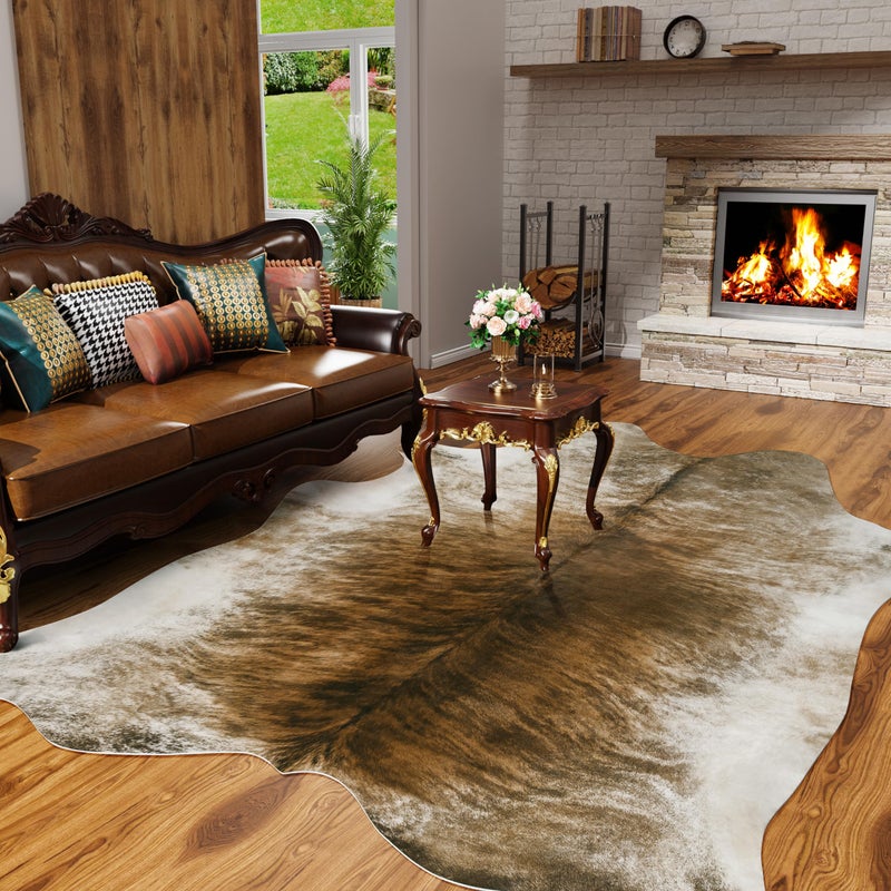 AROGAN Western Decor Faux Fur Cowhide Rug, 4.6 x 5.2 Feet Premium Animal Skin Cow Hide Rug, Sturdy Cow Print Rugs for Wall Decor, Western Floor Carpet for Bedroom Living Room, Brownish - Image 2