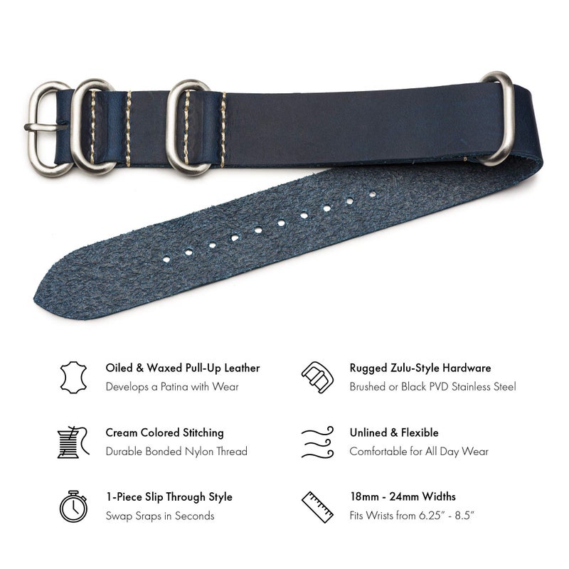Benchmark Basics Leather Watch Band - Zulu Crazy Horse Oiled Leather One-Piece Watch Strap - 22mm, Navy Blue - Image 2