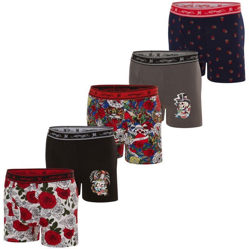 ED HARDY Mens Underwear Boxer Briefs Comfortable, Breathable, Stylish Design, 5 Pack, Colorful Prints, 2X Large - Image 1