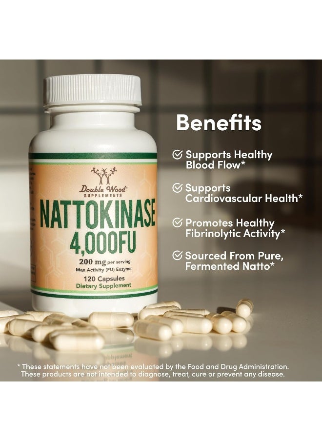 Nattokinase Supplement 4,000 FU Servings, 120 Capsules (Derived from Japanese Natto) for Cardiovascular and Blood Circulation Support by Double Wood Supplements