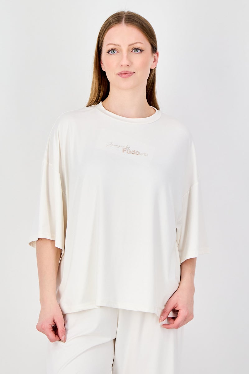 Fudo Women 2Pcs Embroidered Logo Pajama Top And Bottom Set, Ivory - Image 4