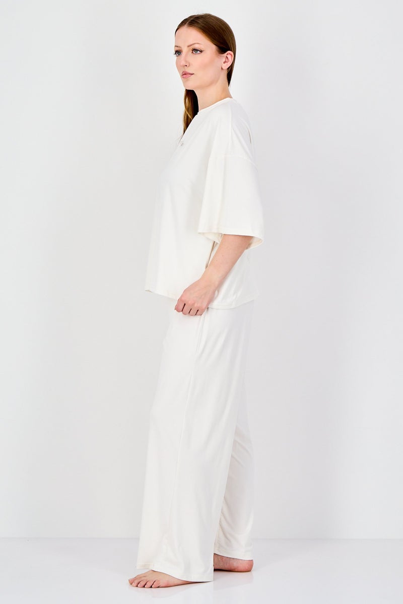 Fudo Women 2Pcs Embroidered Logo Pajama Top And Bottom Set, Ivory - Image 2