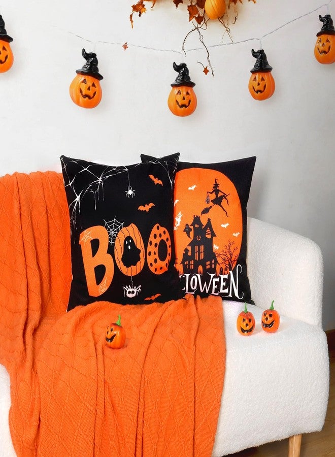 Hongsome Vintage Halloween Decorations-Throw Pillow Covers 18x18in Set of 4,Retro Boo Pillow Case with Pumpkins for Couch Fall Holiday Outdoor Burnt Orange Black Decor - Image 4