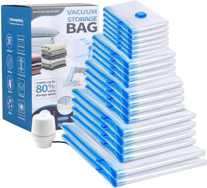 AMINAC 20 Packs Vacuum Storage Bags with Electric Pump(6 Small, 4 Medium, 4 Large, 4 Extra Large, 2 Jumbo), 7 Micron Thickness, Vacuum Sealer Bags for Clothes, Travel, Blue Color Gift Box - Image 1
