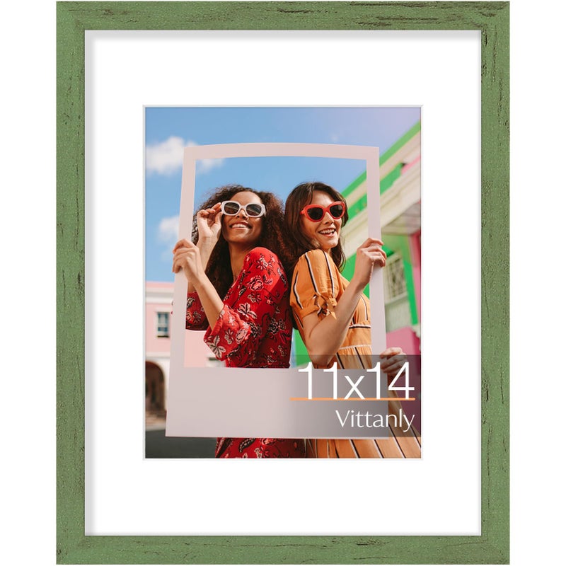 Vittanly 11x14 Picture Frame, Engineered Wood with Shatter Resistant Plexiglass, Display Pictures 8x10 with Mat or 11x14 without Mat, Photo Frame for Wall Mounting, Rustic Green, 1 Pack - Image 1