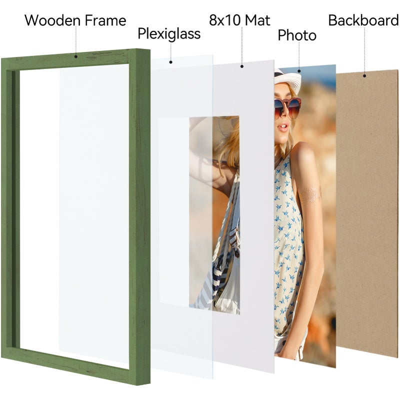 Vittanly 11x14 Picture Frame, Engineered Wood with Shatter Resistant Plexiglass, Display Pictures 8x10 with Mat or 11x14 without Mat, Photo Frame for Wall Mounting, Rustic Green, 1 Pack - Image 4