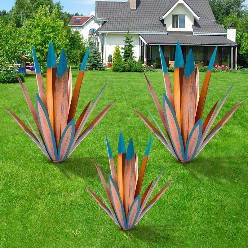 Large Tequila Rustic Sculpture Rustic Metal Agave Plants for Outdoor Patio Yard Home Decor Hand Painted Metal Agave Garden Yard Statue Outdoor Lawn Ornaments 2 Big 1 Small