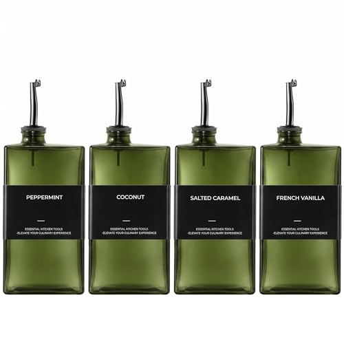 WISIMMALL Olive Oil Dispenser Bottle For Kitchen, 17OZ UV-Blocking Oil And Vinegar Dispenser Set Of 4, Soy Sauce Cooking Oil Dispenser with 4 Stainless Steel Pourers & 44 Labels - Image 1
