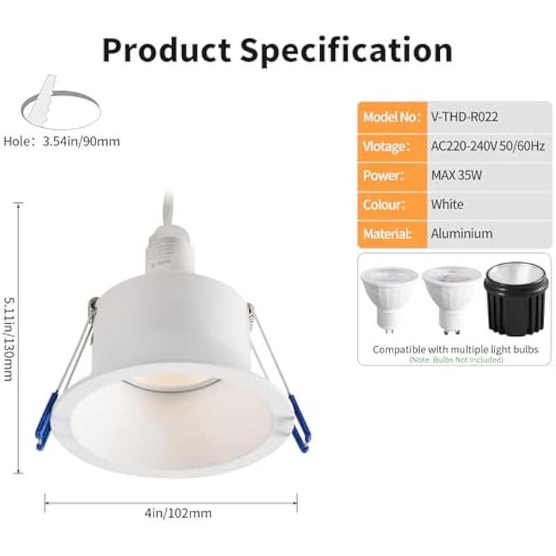V.nice Recessed Ceiling Downlight Housing with GU5.3 Socket, Square/Round Trim, 70–90mm Cut-Out, Max 35W, Aluminium, White Finish  4 Variants (Bulbs Not Included) - Image 2