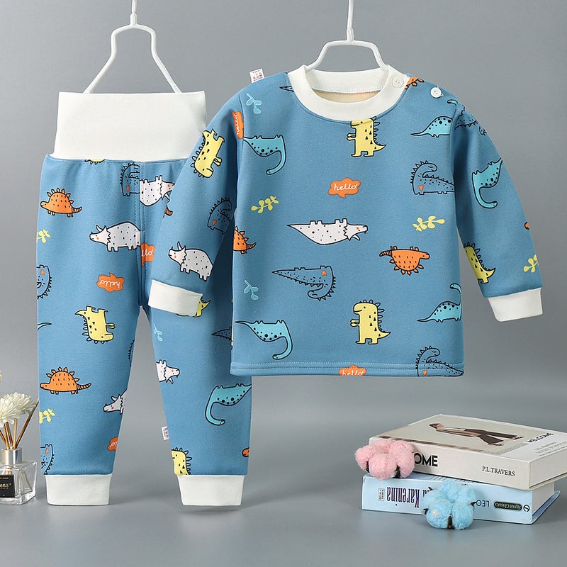 Childrens thermal underwear set for boys and girls padded plus velvet high waist pants baby autumn and winter autumn pants a generation of hair NNS-blue dinosaur