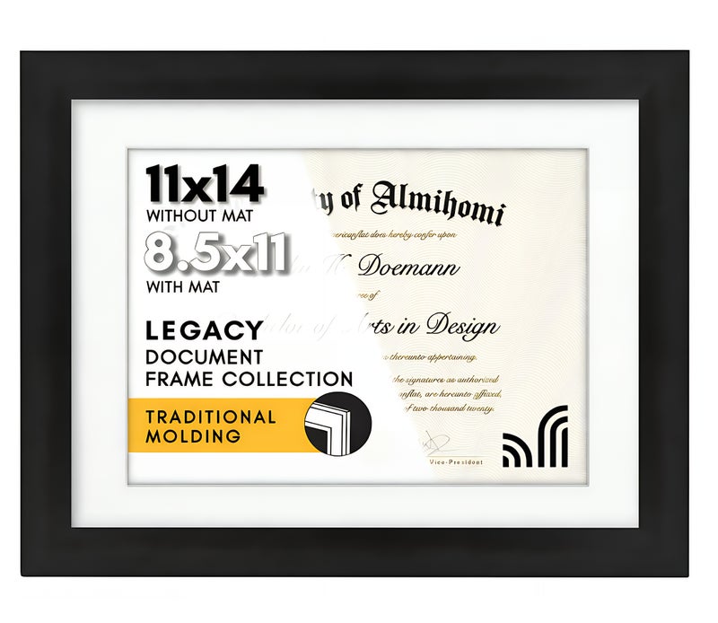ALMiHomi 11x14 Black Diploma Frame | Displays 8.5x11 Diplomas with Mat or 11x14 Inch Without Mat. Shatter-Resistant Glass. Hanging Hardware Included - Image 1