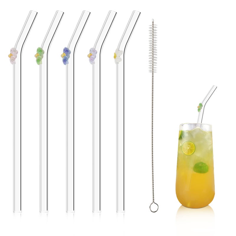 Olpchee 5 Pcs Reusable Straws Clear Glass Straws Colorful Flower Design Size 78 x 8mm with 1 Cleaning Brush for Smoothies Milkshakes Juices Teas Multicolor