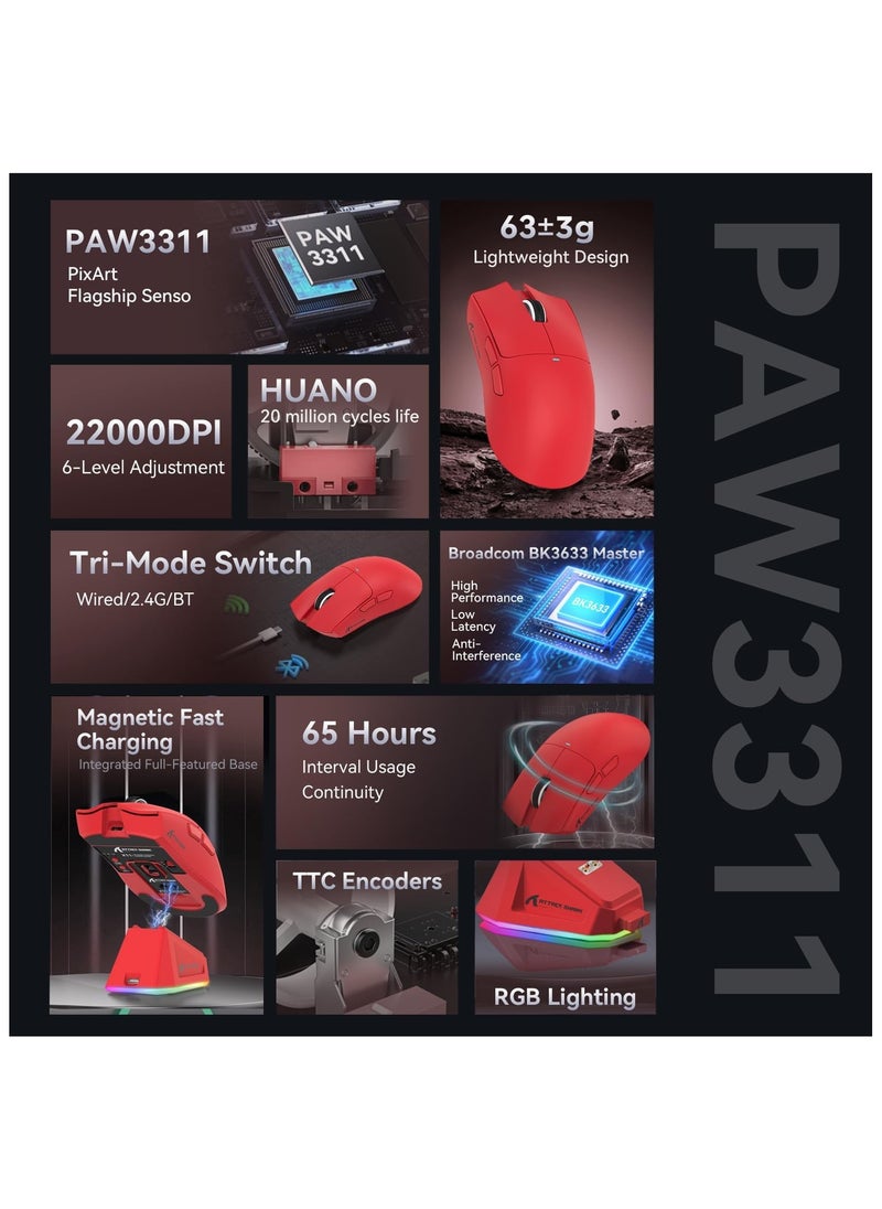 هجوم القرش ماوس الألعاب Attack Shark X11 مع قاعدة شحن مغناطيسية، حساس الألعاب PixArt PAW3311، ماوس ألعاب بلوتوث/لاسلكي 2.4G/سلكي مع شريط تقوية للقبضة، 22000 DPI، ماوس مخصص للاعبين لنظام Win11/Xbox/PS/Mac (أحمر)  - Image 3