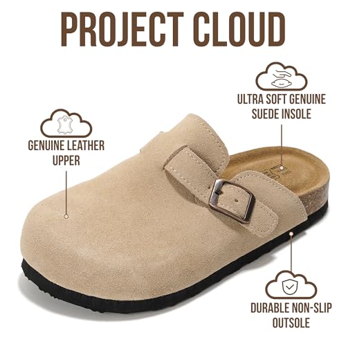 Project Cloud 100% Genuine Leather Kids Clogs with Natural Cork Footbed & Memory Foam Insole Arch Support Non-Slip Clogs for Kids Slippers Sandals for Boys & Girls Footwear(LittleBenton,STONSUEDE,3) - Image 4