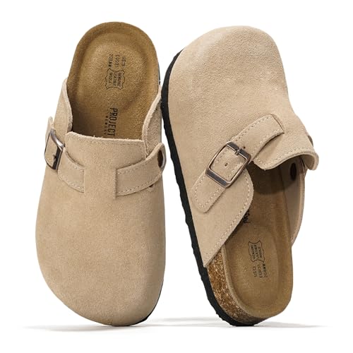 Project Cloud 100% Genuine Leather Kids Clogs with Natural Cork Footbed & Memory Foam Insole Arch Support Non-Slip Clogs for Kids Slippers Sandals for Boys & Girls Footwear(LittleBenton,STONSUEDE,3) - Image 1