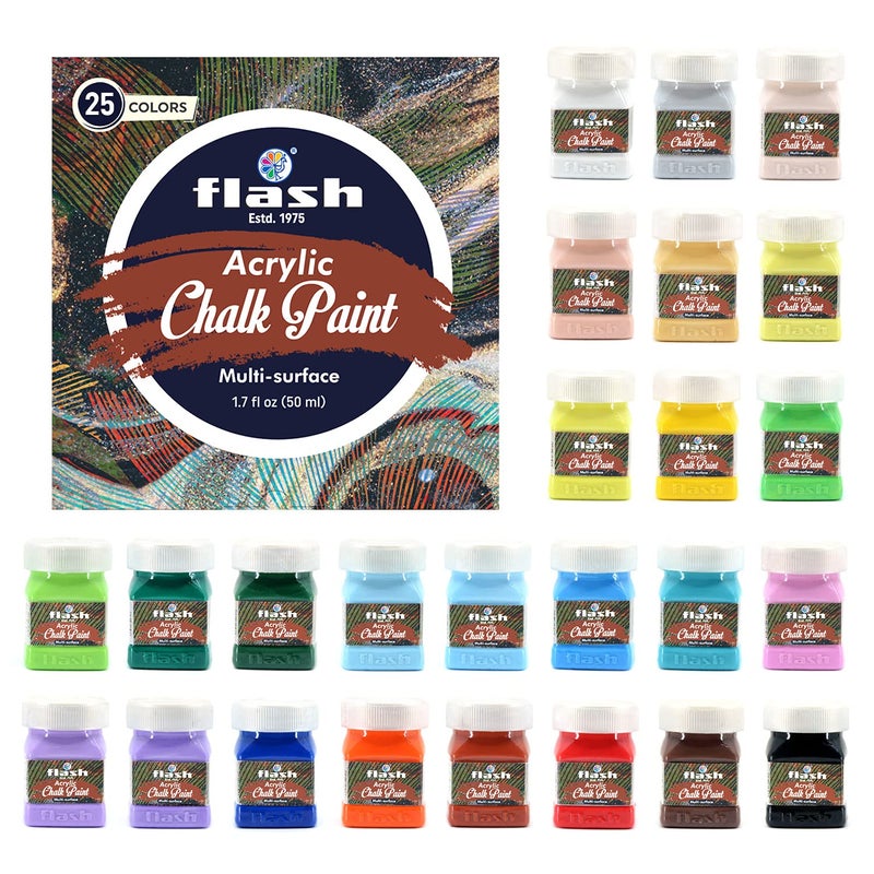 Flash Acrylic Chalk Paint Set Chalky Finish 25 Colors 50 ml 17 fl oz Each High Pigment Strength Non Fading IndoorOutdoor Non Toxic MultiSurface Paint Pro Artist Hobby - Image 1