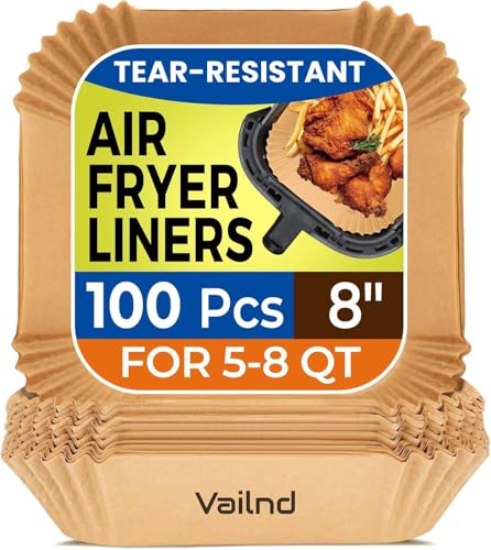 vailnd Air Fryer Paper Liners: 100Pcs Parchment Paper, 8" Air Fryer Liner Disposable for Microwave, Non-Stick Square Air Fryer Basket Liner - Image 1