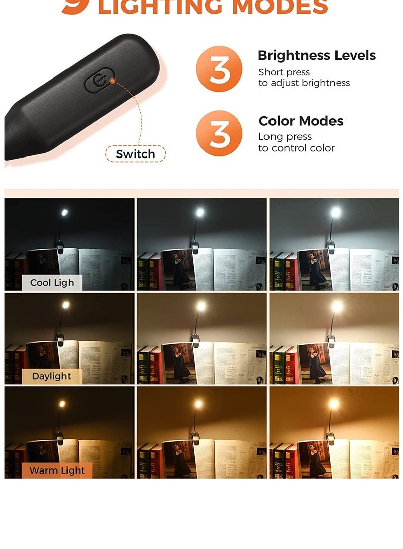 Portable Reading Light with 3 Brightness Levels and 3 Color Temperatures, Eye-Care USB Rechargeable Desk Lamp with 7 LEDs, Flexible Clip-on Design for Bedside Use