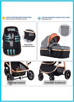 Berma Baby عربة أطفال 2 في 1 قابلة للطي 2 في 1 عربة أطفال محمولة قابلة للطي فاخرة متعددة الوظائف قابلة للطي بمقبض قابل للطي ومضادة للصدمات مع سلة تخزين قابلة للتعديل رمادي غامق  - Image 5