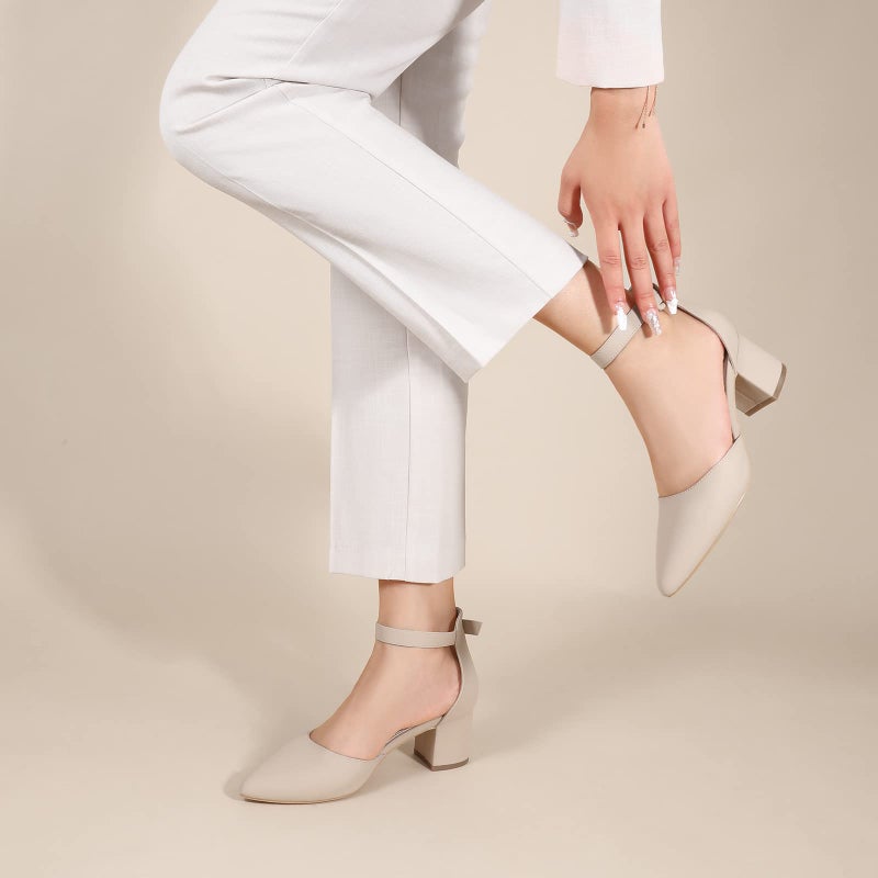 Ankis Closed Toe Heels for Women -Nude Pointed Toe Heels Low Block Chunky Women Pumps with Ankle Strap -2.25 Inch - Image 2