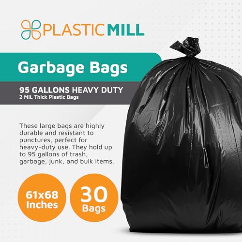 PlasticMill Heavy Duty Trash Bags Black Garbage Bags Plastic Trash Bags for Large Rolling Trash Bins Tall Trash Bags 95Gallon Large Kitchen Trash Bags 2 Mil 61x68 30Count - Image 5