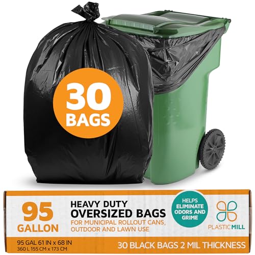 PlasticMill Heavy Duty Trash Bags Black Garbage Bags Plastic Trash Bags for Large Rolling Trash Bins Tall Trash Bags 95Gallon Large Kitchen Trash Bags 2 Mil 61x68 30Count - Image 2