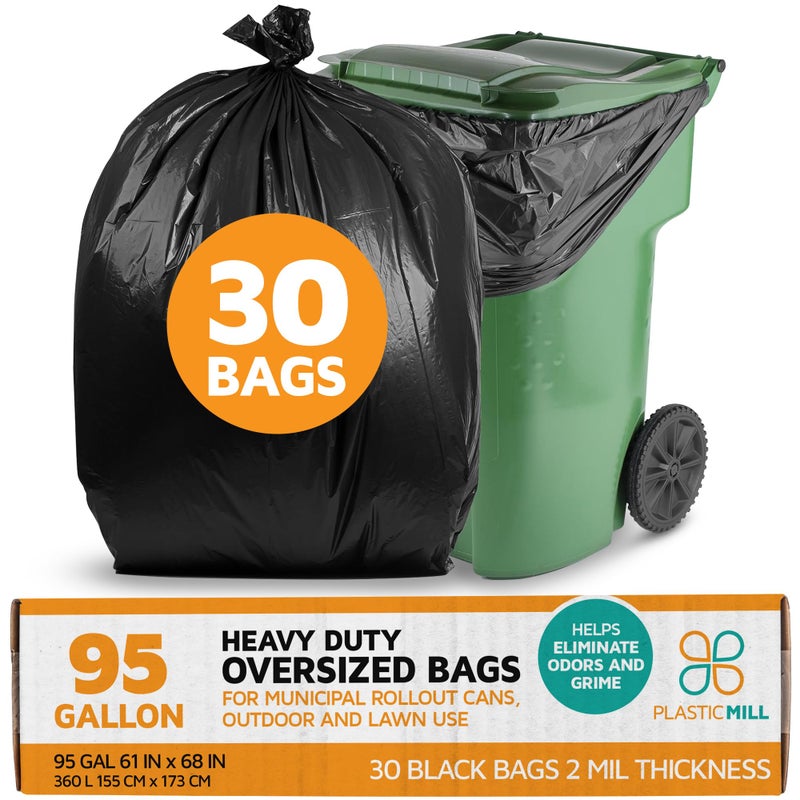 PlasticMill Heavy Duty Trash Bags Black Garbage Bags Plastic Trash Bags for Large Rolling Trash Bins Tall Trash Bags 95Gallon Large Kitchen Trash Bags 2 Mil 61x68 30Count - Image 3