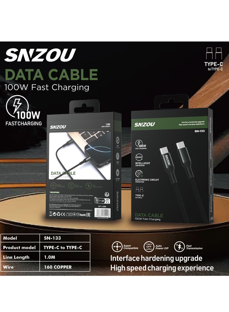 SNZOU snzou sn-133 Cable USB-C to USB-C Cable ( 1.0 ft Braided ) 100W USB C PD Fast Charging Cable for Apple, Samsung, Google, and more Black - Image 2
