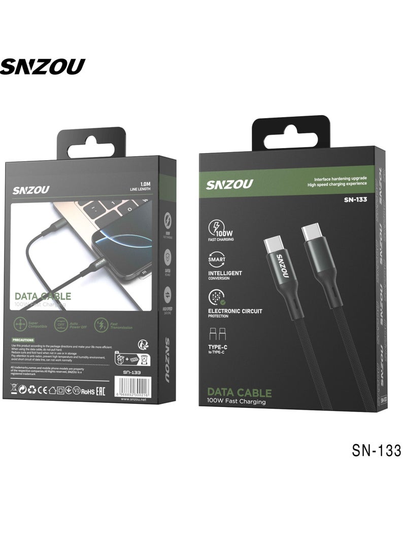 SNZOU snzou sn-133 Cable USB-C to USB-C Cable ( 1.0 ft Braided ) 100W USB C PD Fast Charging Cable for Apple, Samsung, Google, and more Black - Image 3