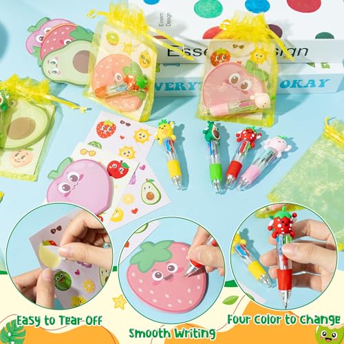 CY2SIDE Fruit Stationery Party Gift - 12 Pack Fruit Stationery Gifts Set Include 4-in-1 Ballpoint Pens Sticky Notes Stickers and Organza Tutti Party Favors Goodie Bag Fillers for School Rewards - Image 3