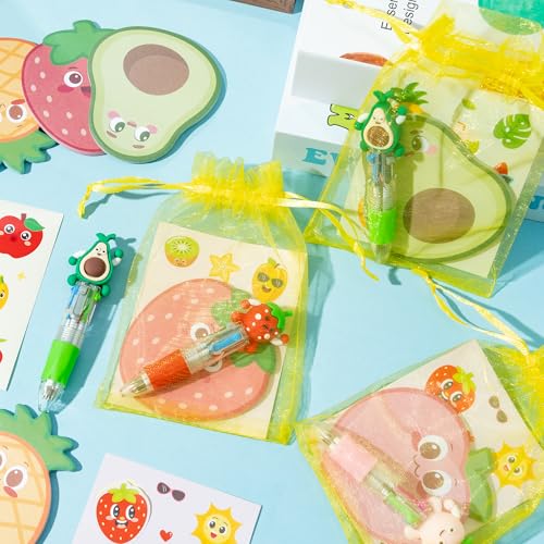 CY2SIDE Fruit Stationery Party Gift - 12 Pack Fruit Stationery Gifts Set Include 4-in-1 Ballpoint Pens Sticky Notes Stickers and Organza Tutti Party Favors Goodie Bag Fillers for School Rewards - Image 5