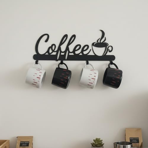Aimto Black Metal Wall Mounted Coffee Mug Holderwith 4 Hooks and Metal Sign Modern Coffee Sign for Kitchen Bar Station Accessories Decor - Image 1