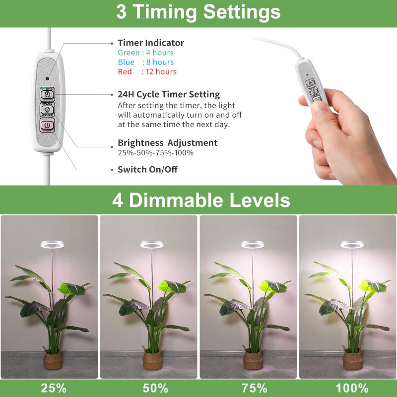 LBW LBW Grow Lights for Indoor Plants, 144 LEDs Full Spectrum Plant Light, Large Plant Lamp with 4 Dimmable Levels, 4/8/12H Auto On/Off Timer, Height Adjustable, Halo Growing Lamp for Tall Plants, 2 Pack  - Image 5