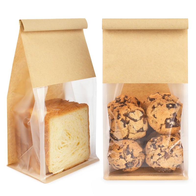 Foranda 50 Pack Bakery Bags with Window, 5.1x3.9x11 Inches Tin Tie Tab Lock Resealable Cookie Bags for Packaging Bagels, Bread Loaf, Pastry, Baked Goods - Image 1