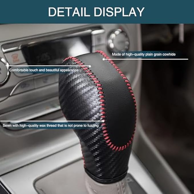 ريحني UGSHY 1 PC سيارة جلدية مقبض ناقل حركة غطاء ناقل حركة أوتوماتيكي أحذية السيارة مقبض ذراع ناقل الحركة متوافق مع فورد مافريك إيسبورتس Mondeo Carnival Edge Escort أسود أحمر UGSST2201RE1PC - Image 3