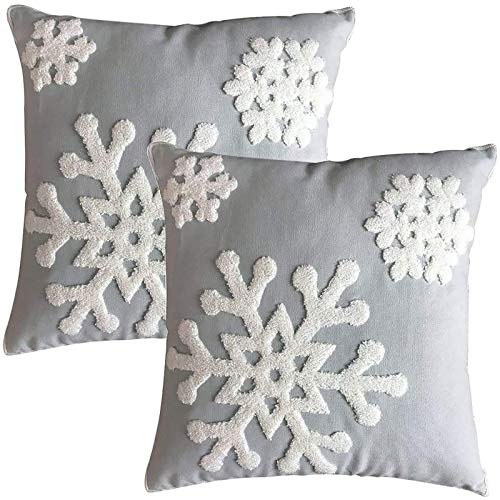 Elife Soft Square Christmas Snowflake Home Decorative Canvas Cotton Embroidery Throw Pillow Covers 18x18 Cushion Covers Pillowcases for Sofa Bed Chair (1 Pair, Grey) - Image 1