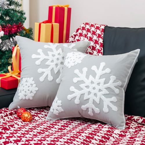 Elife Soft Square Christmas Snowflake Home Decorative Canvas Cotton Embroidery Throw Pillow Covers 18x18 Cushion Covers Pillowcases for Sofa Bed Chair (1 Pair, Grey) - Image 3