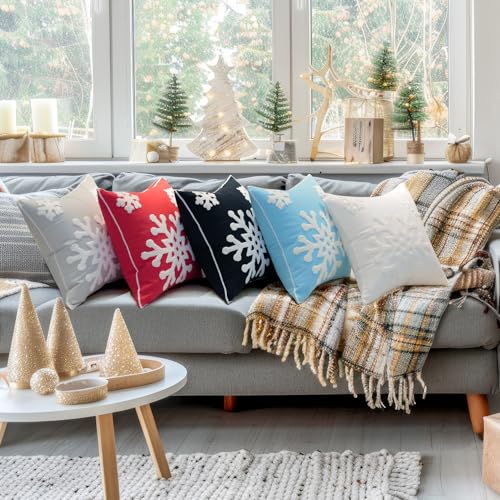Elife Soft Square Christmas Snowflake Home Decorative Canvas Cotton Embroidery Throw Pillow Covers 18x18 Cushion Covers Pillowcases for Sofa Bed Chair (1 Pair, Grey) - Image 2