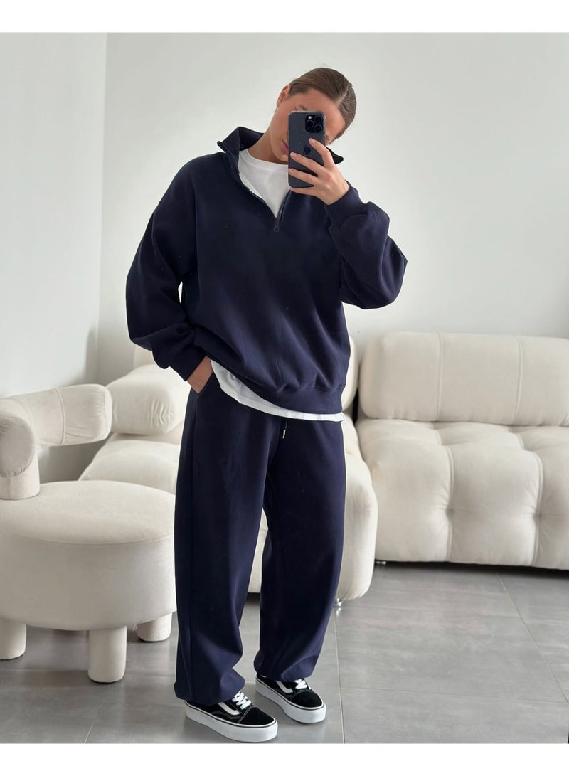 NIBEMINENT 2-piece Sets Women Half Zipper Stand Collar Hoodie Casual Sweatpants Fashion Street Style Loose Lady Suit - Image 2