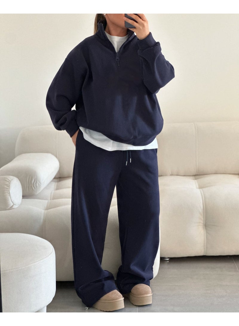 NIBEMINENT 2-piece Sets Women Half Zipper Stand Collar Hoodie Casual Sweatpants Fashion Street Style Loose Lady Suit - Image 1