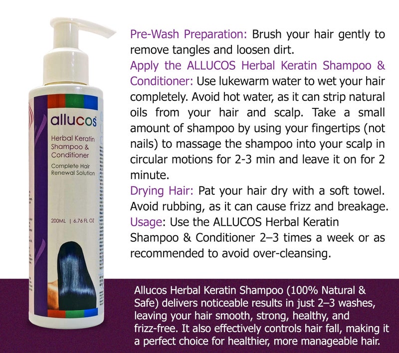 ALLUCOS Herbal Keratin Shampoo & Conditioner – Anti-Dandruff, Anti-Hair Fall & Thickening | Controls Dry & Frizzy Hair | Sulfate & Paraben Free | For All Hair Types | 200ml (Pack of 1) - Image 3