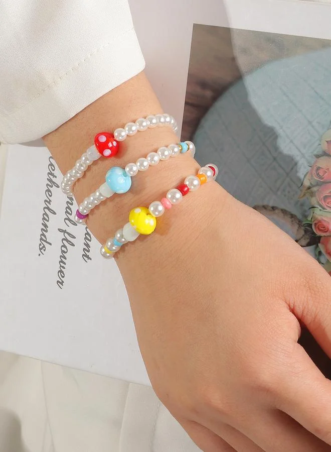 تايك تو Pack of 3 Multi-Color Mushroom and Pearl Beaded Bracelet