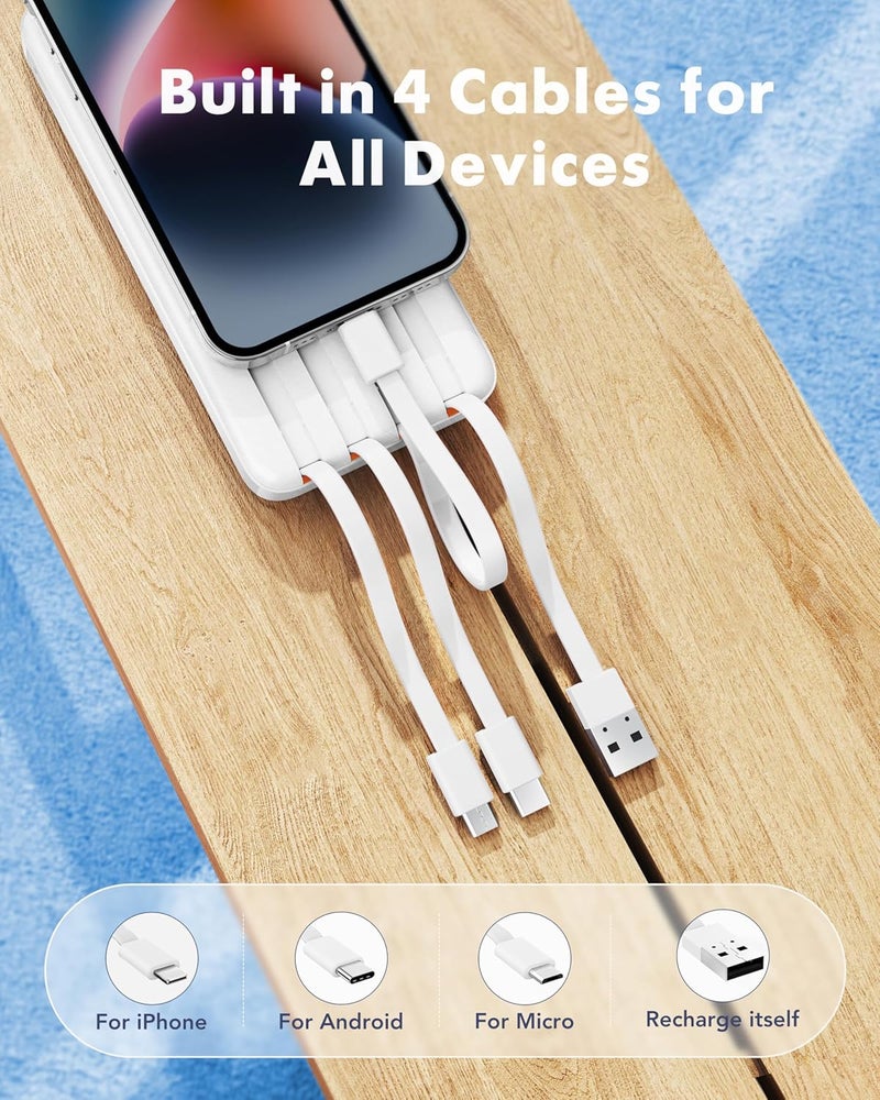 Charmast Power Bank with Built in Cables, 20000mAh USB C Battery Pack 5 Outputs 4 Inputs with LED Display Type C Powerbank,22.5W Fast Charging Portable Charger Compatible with Smartphones(White) - Image 2
