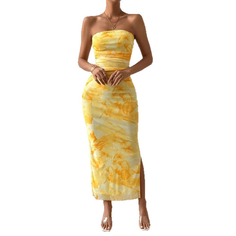 Women's Floral Pleated High Waist Slim Strapless Bodycon Slit Midi Dress - Image 4