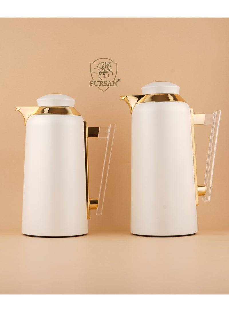 FURSAN Arabic Vacuum Flask Set, 1.0L & 0.7L, White Metal Body, for Coffee and Tea