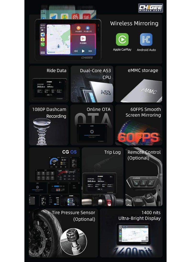 CHIGEE XR-2 Dual-Dash Cam for Motorcycles, IP68 Waterproof, CarPlay & Android Auto, 4K HDR Dual-Channel Recording - Image 3