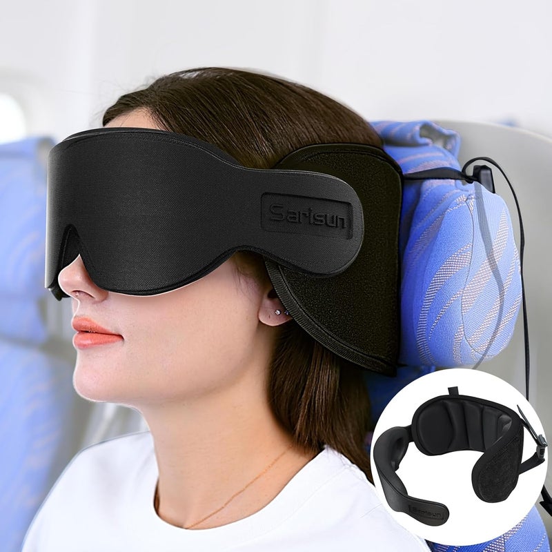 SARISUN Travel Pillows for Airplanes, 360° Support Headrest Pillow with Eye Mask for Sleeping Long Flights, Travel Pillow for Car Road Trip, Car Headrest, Travel Accessories Stop Bobblehead, Black - Image 1