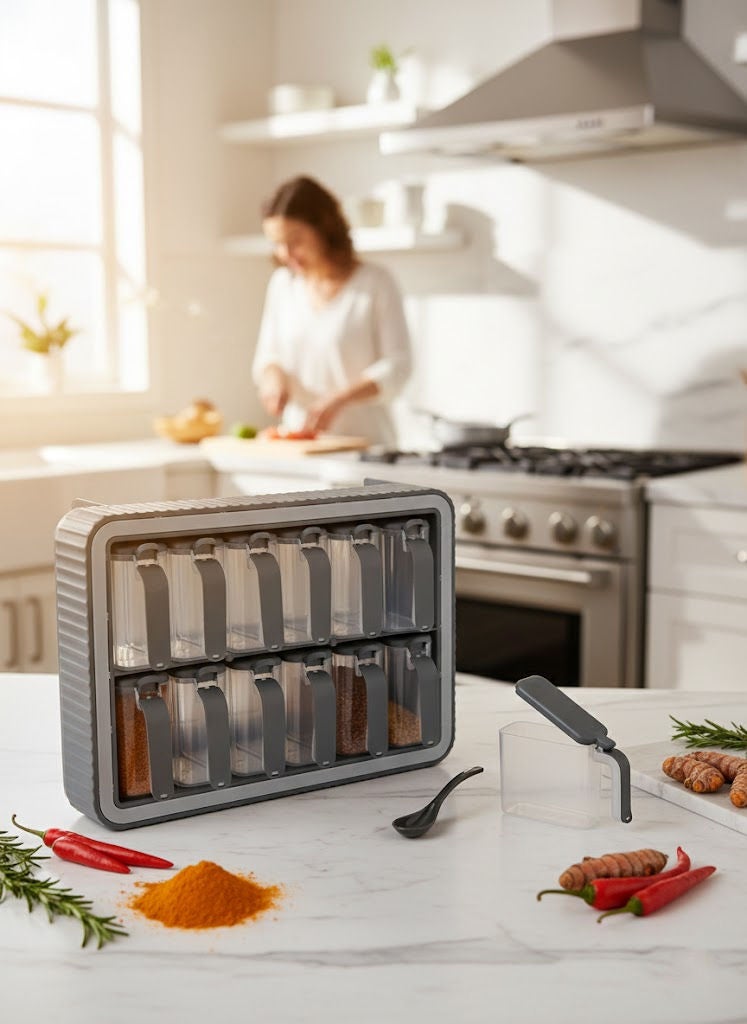 بارونس طقم برطمانات بهارات بلاستيك 12 قطعة مع حامل باللون الرمادي/الأسود (صنع في تركيا) - Image 4